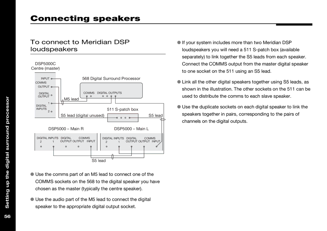 Meridian Audio 568 manual Connecting speakers, To connect to Meridian DSP loudspeakers 