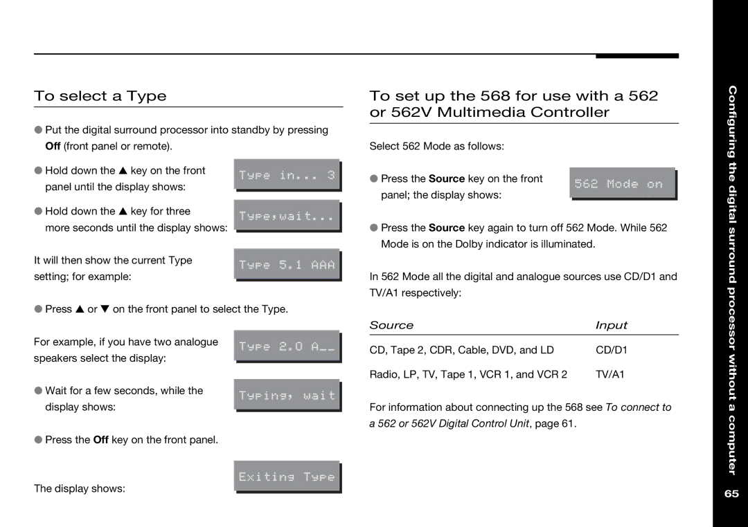 Meridian Audio 568 manual To select a Type, Configuring 