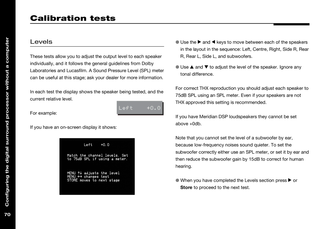 Meridian Audio 568 manual Calibration tests, Levels 