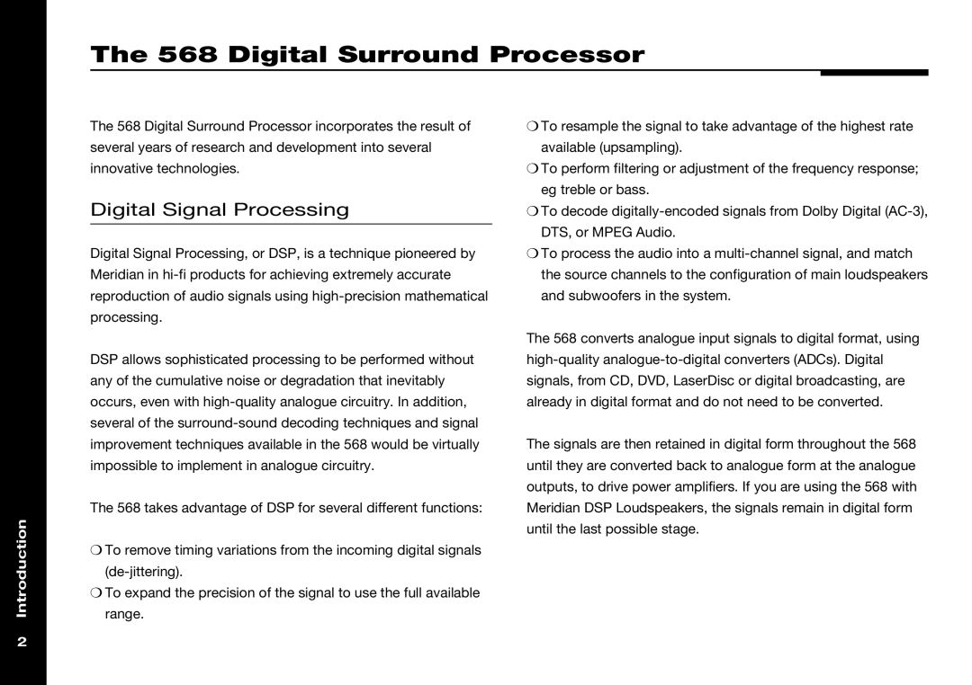 Meridian Audio 568 manual Digital Surround Processor, Digital Signal Processing 