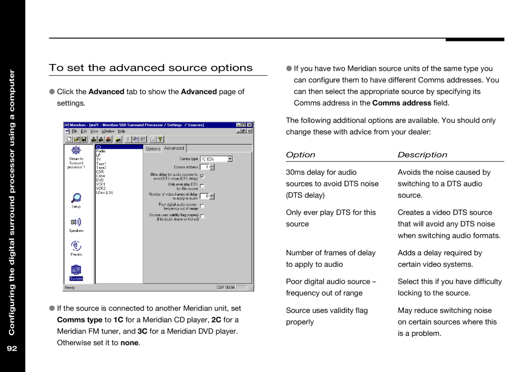 Meridian Audio 568 manual To set the advanced source options, Configuring the digital surround processor 