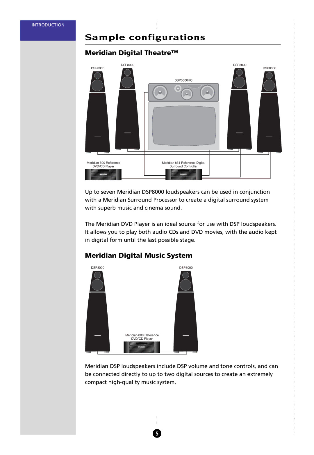 Meridian Audio 8000 manual Sample configurations, Meridian Digital Theatre, Meridian Digital Music System 