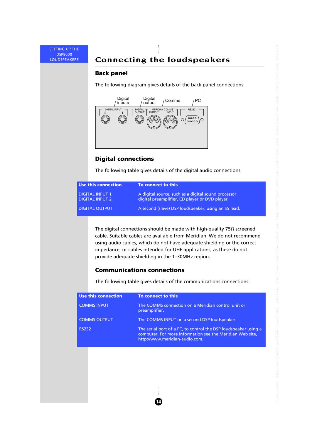 Meridian Audio 8000 manual Connecting the loudspeakers, Back panel, Digital connections, Communications connections 