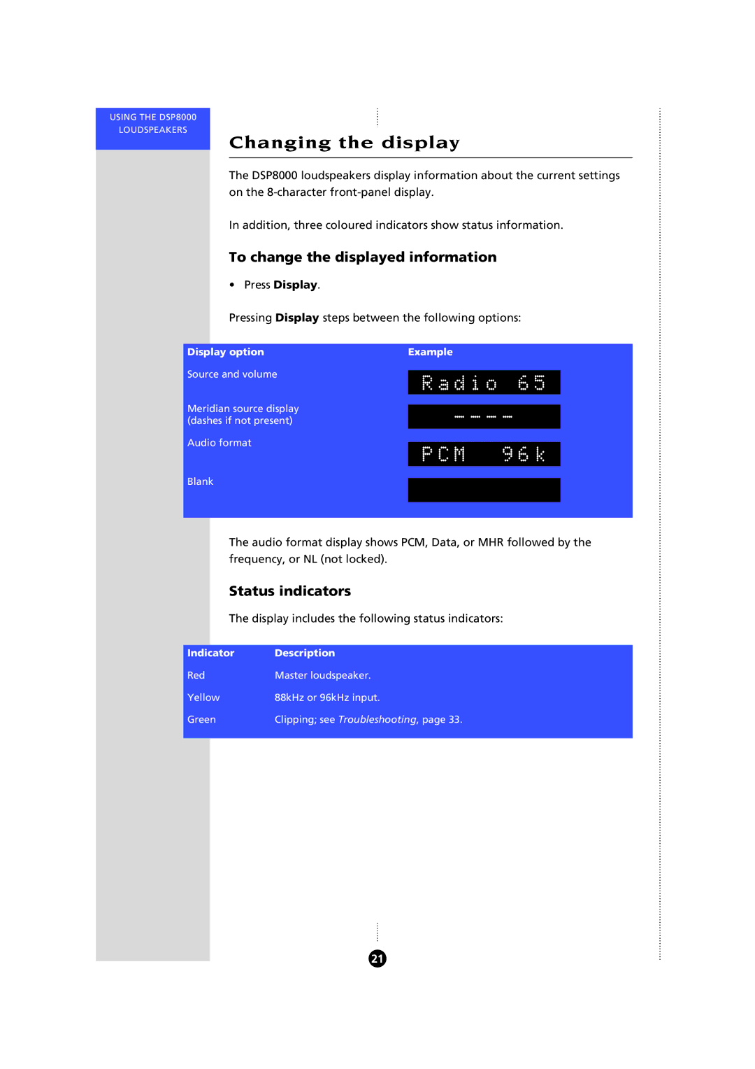 Meridian Audio 8000 manual Changing the display, Radio PCM 96k, To change the displayed information, Status indicators 
