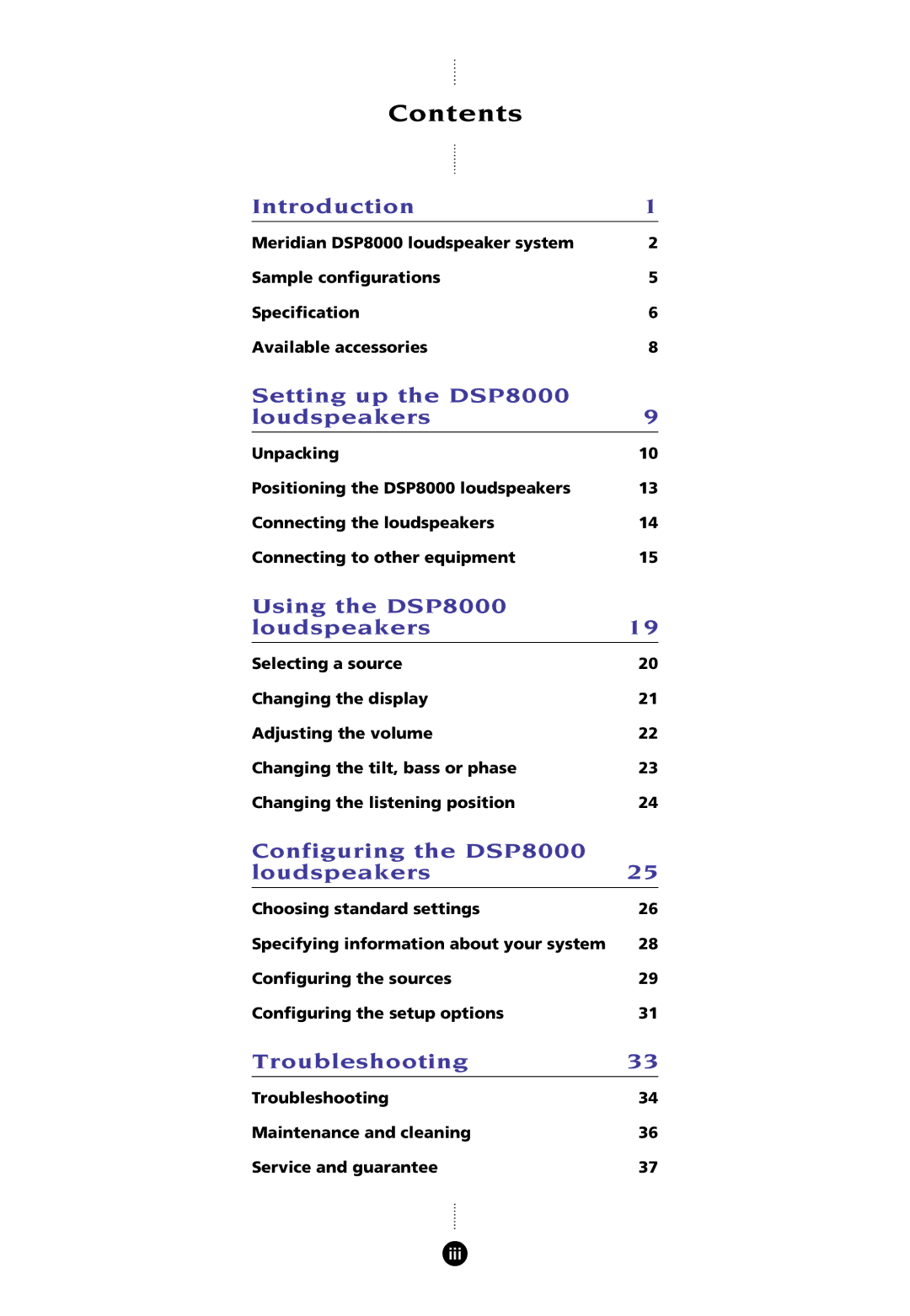 Meridian Audio 8000 manual Contents 