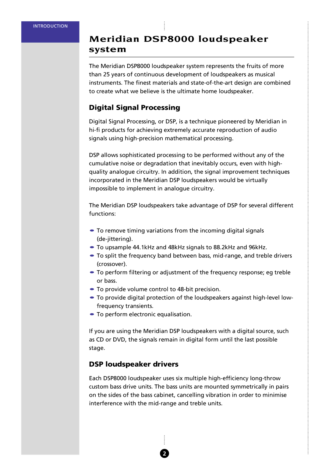 Meridian Audio manual Meridian DSP8000 loudspeaker system, Digital Signal Processing, DSP loudspeaker drivers 
