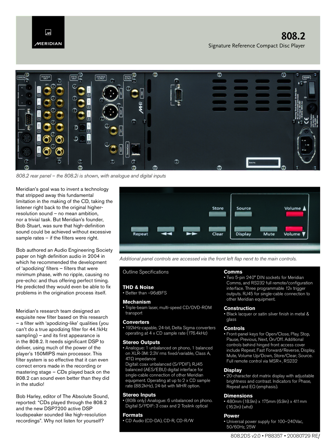 Meridian Audio manual Stereo Outputs, 808.2DS v2.0 P88357 20080729 REƒ 