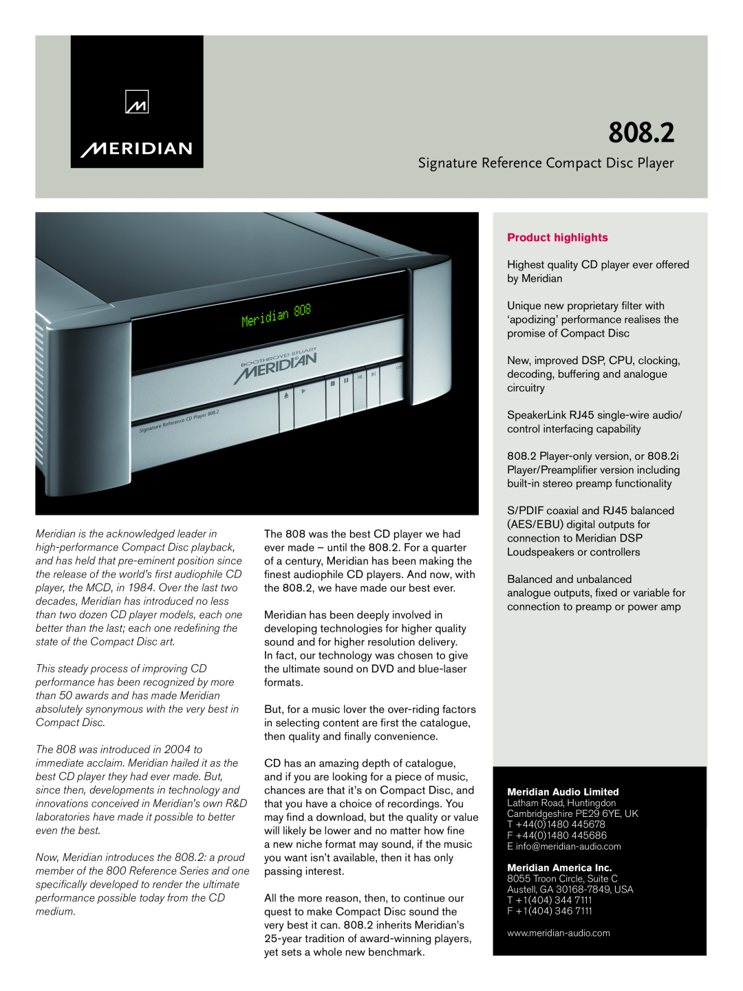 Meridian Audio 808.2 manual Signature Reference Compact Disc Player, Product highlights 