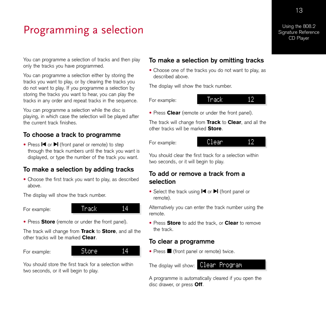 Meridian Audio 808.2I manual To choose a track to programme, To make a selection by adding tracks, To clear a programme 