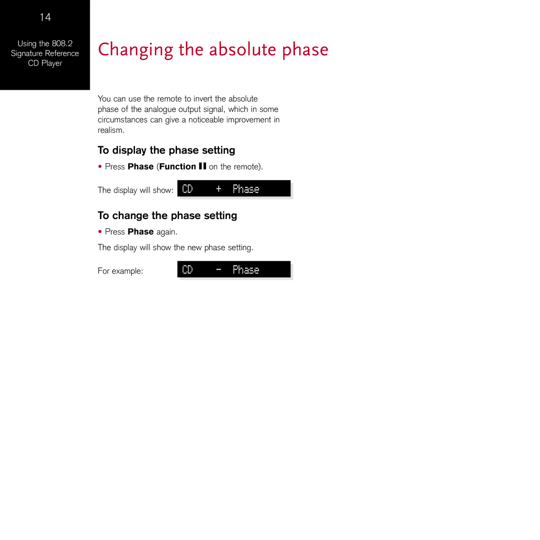 Meridian Audio 808.2I Changing the absolute phase, To display the phase setting, + Phase, To change the phase setting 