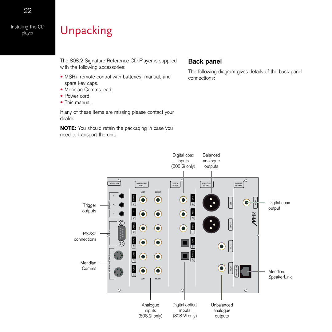 Meridian Audio 808.2I manual Unpacking, Back panel 