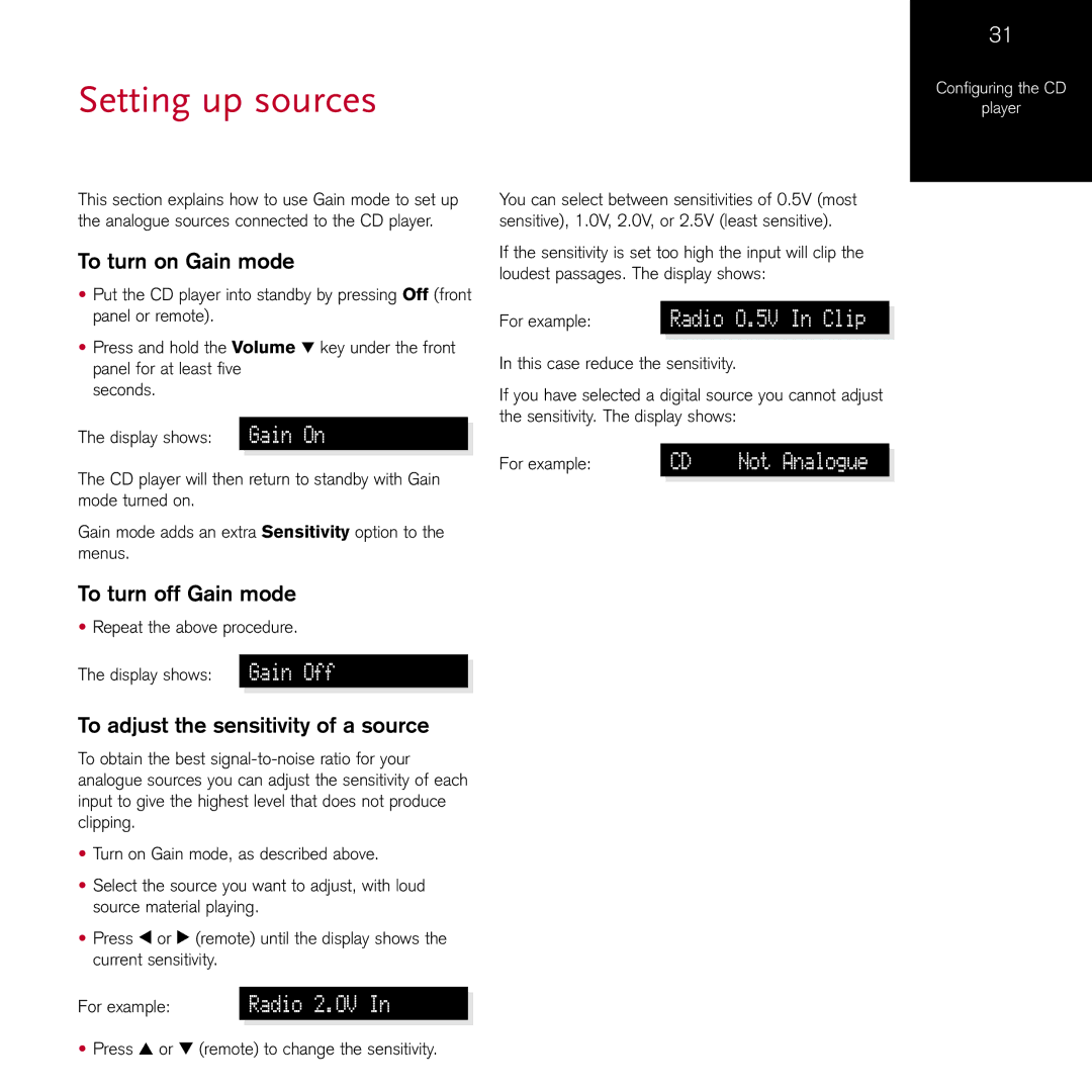 Meridian Audio 808.2I manual Setting up sources, To turn on Gain mode, To turn off Gain mode 