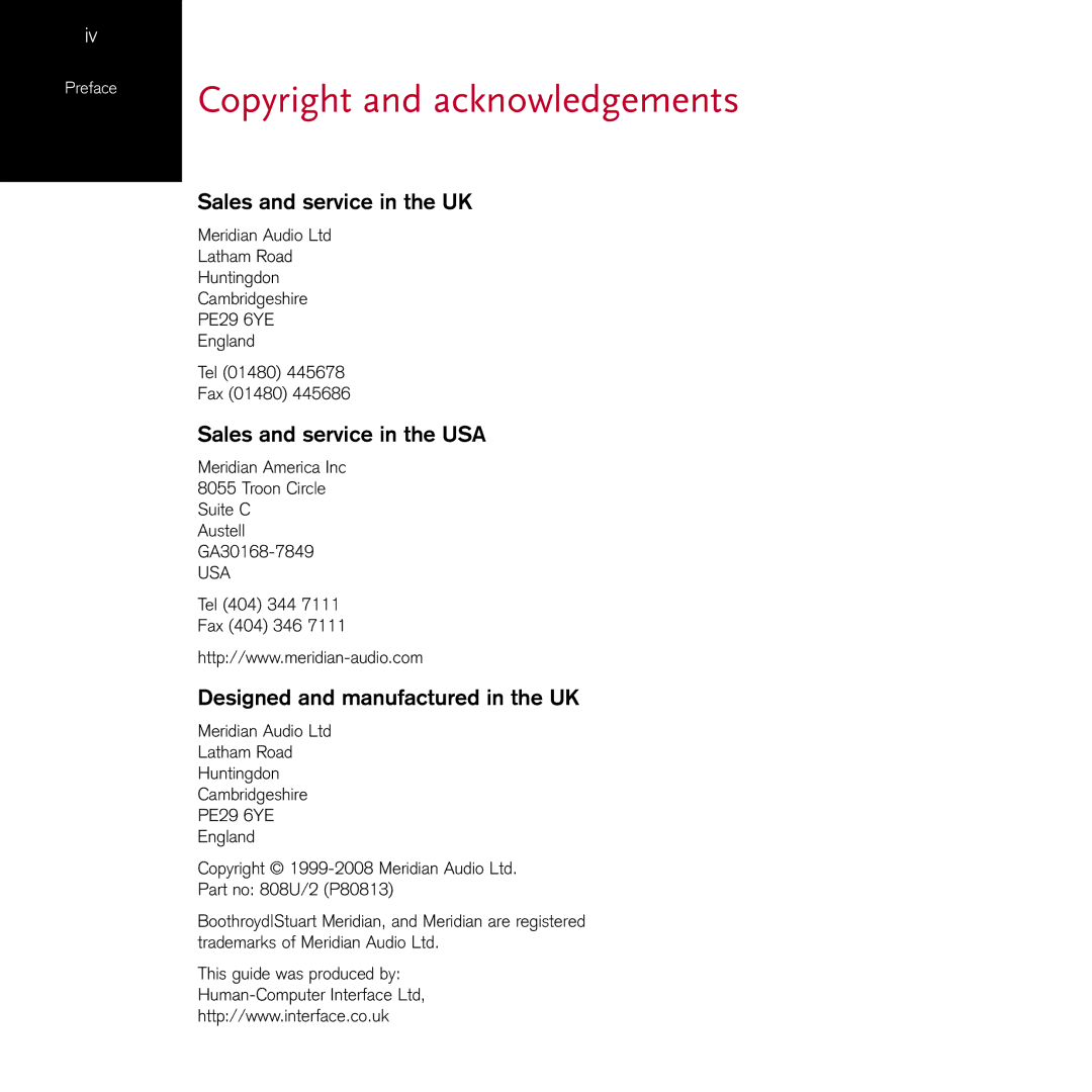 Meridian Audio 808.2I manual Copyright and acknowledgements, Sales and service in the UK, Sales and service in the USA 