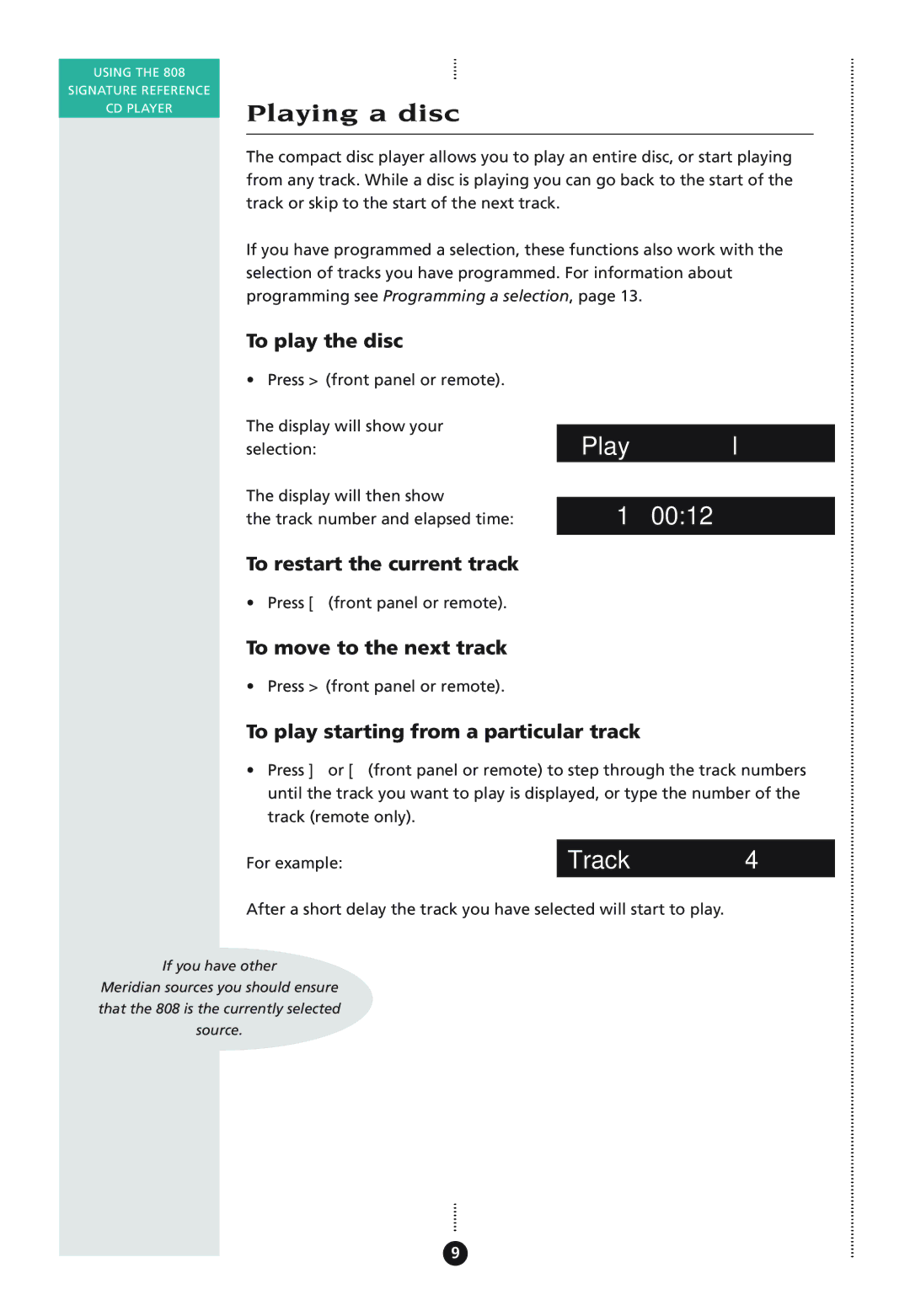 Meridian Audio 808I manual Playing a disc, 0012, Track 