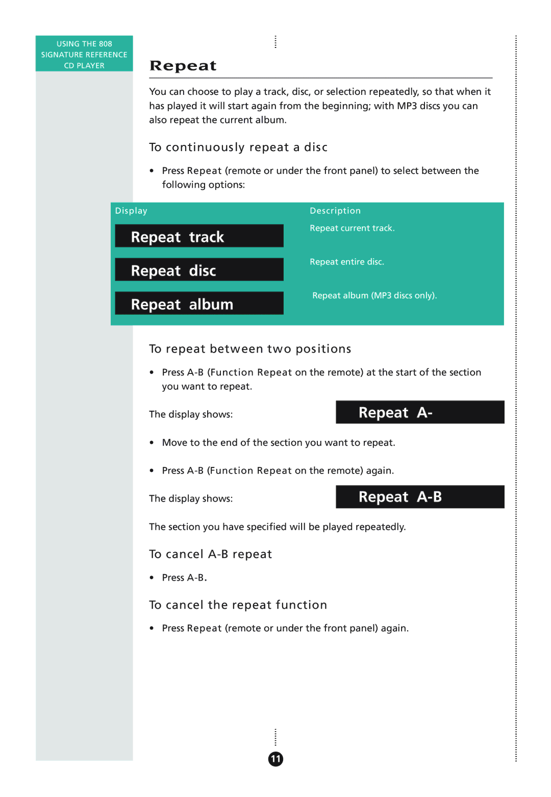 Meridian Audio 808I manual Repeat track Repeat disc Repeat album, Repeat A-B 