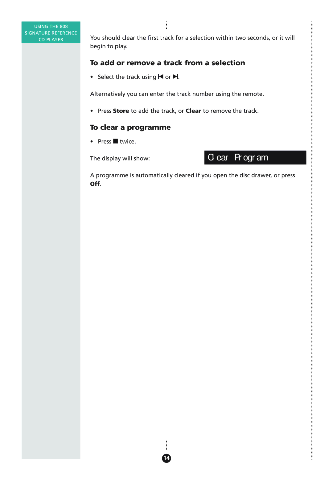 Meridian Audio 808I manual To add or remove a track from a selection, To clear a programme 