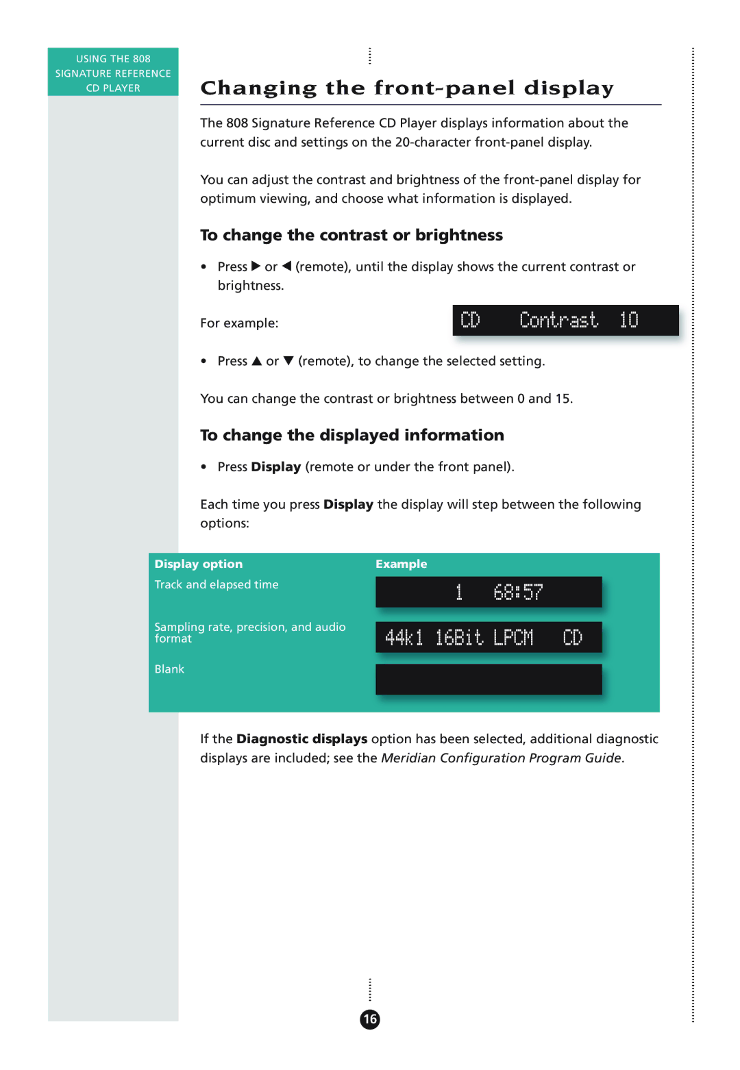 Meridian Audio 808I manual Changing the front-panel display, CD Contrast, 6857 44k1 16Bit Lpcm CD 