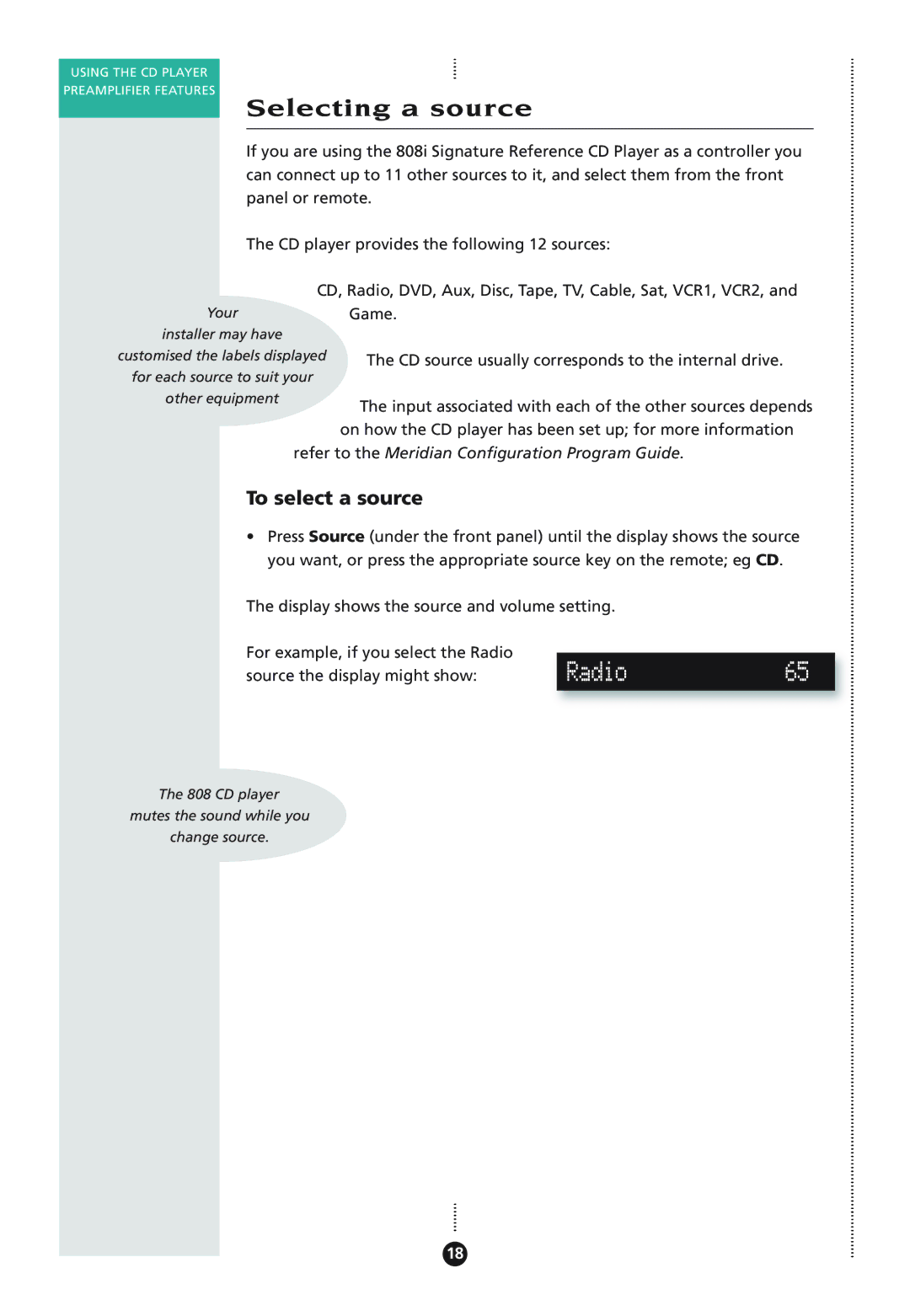 Meridian Audio 808I manual Selecting a source, Radio65, To select a source 