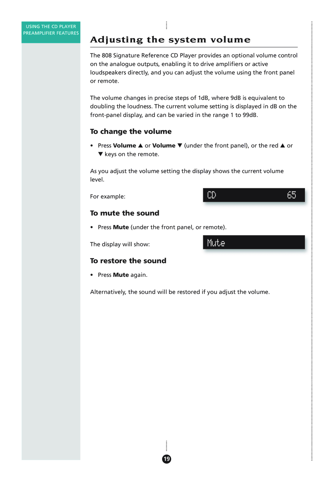 Meridian Audio 808I manual Adjusting the system volume, CD65, Mute 