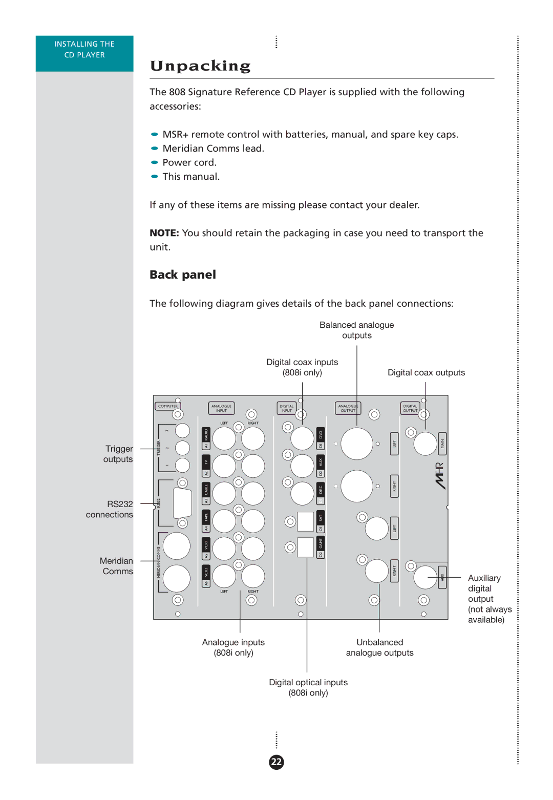 Meridian Audio 808I manual Unpacking, Back panel 