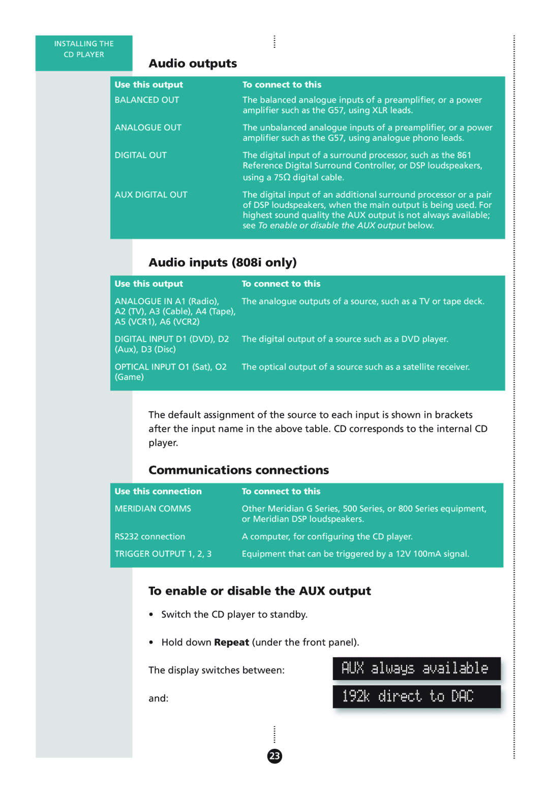 Meridian Audio 808I manual AUX always available 192k direct to DAC, Audio outputs, Audio inputs 808i only 