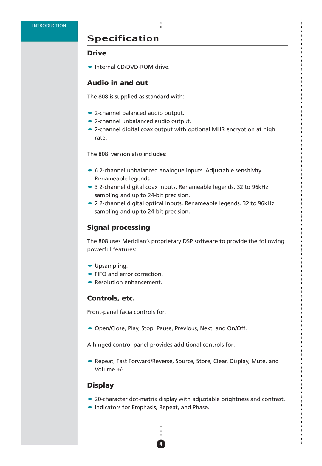 Meridian Audio 808I manual Specification 