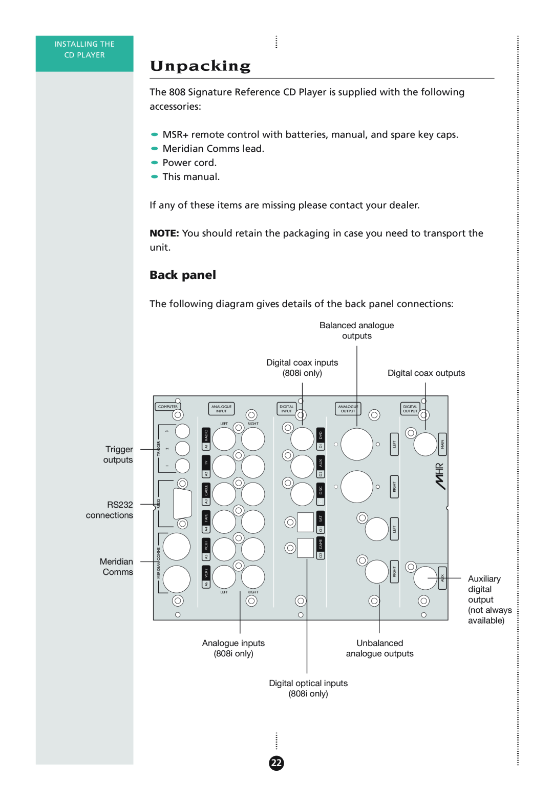Meridian Audio 808I manual Unpacking, Back panel 