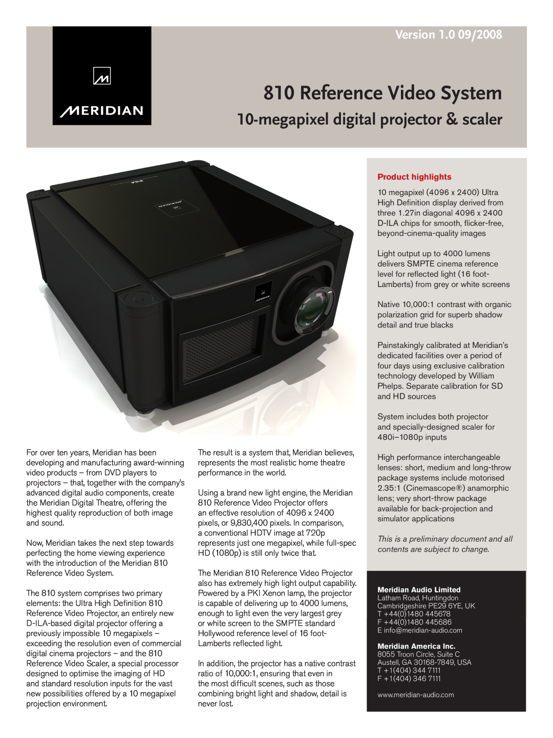 Meridian Audio 810 manual megapixel digital projector & scaler, Product highlights, Reference Video System 