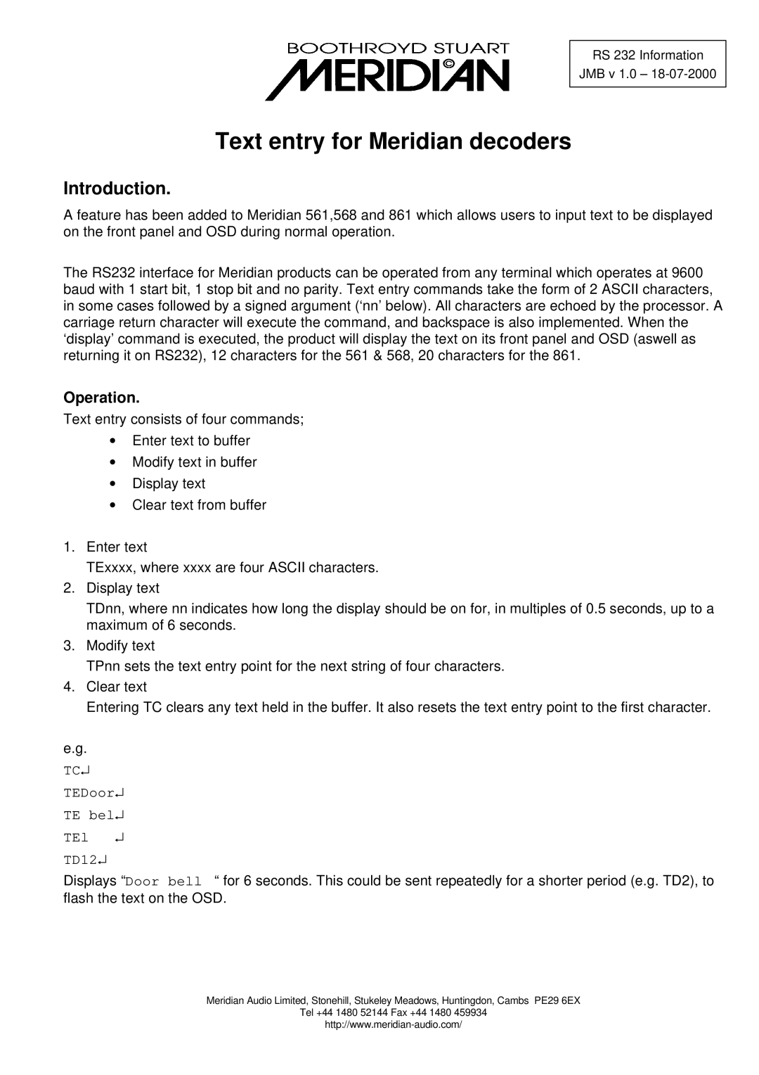 Meridian Audio 568, 861, 561 manual Text entry for Meridian decoders, Introduction, Operation, TEDoor TE bel TEl TD12 