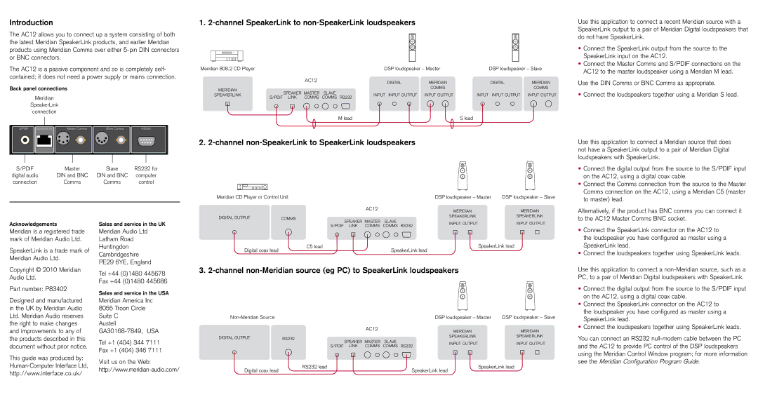 Meridian Audio AC12 manual Introduction, Channel SpeakerLink to non-SpeakerLink loudspeakers 