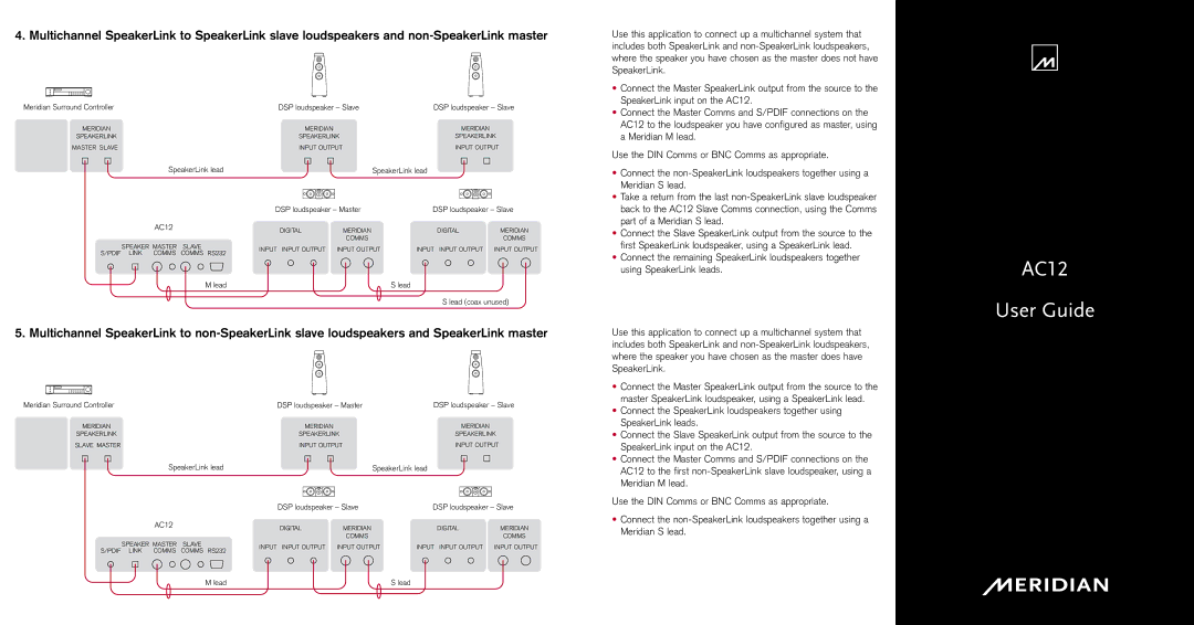 Meridian Audio manual Meridian Surround Controller, Lead Lead coax unused, SpeakerLink lead DSP loudspeaker Slave AC12 