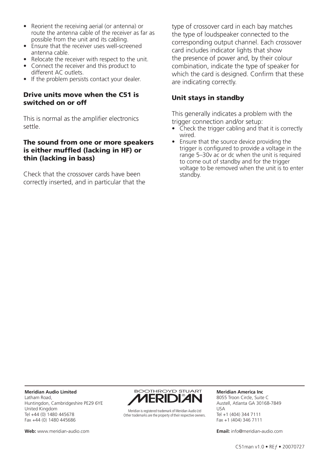 Meridian Audio operation manual Drive units move when the C51 is switched on or off, Unit stays in standby 