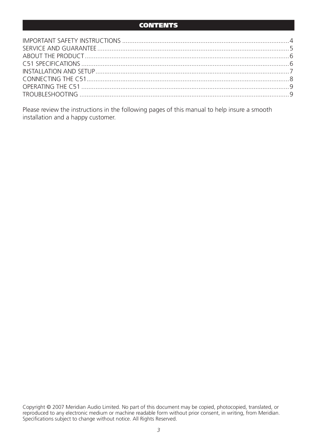 Meridian Audio C51 operation manual Contents 