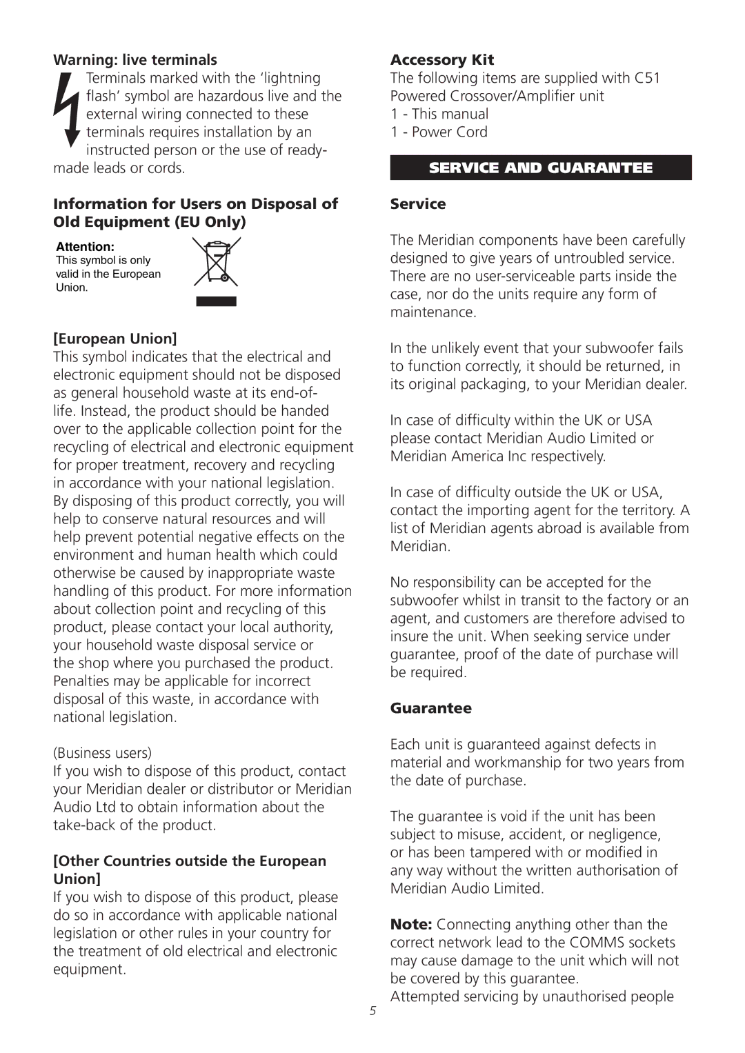 Meridian Audio C51 operation manual Service and guarantee 