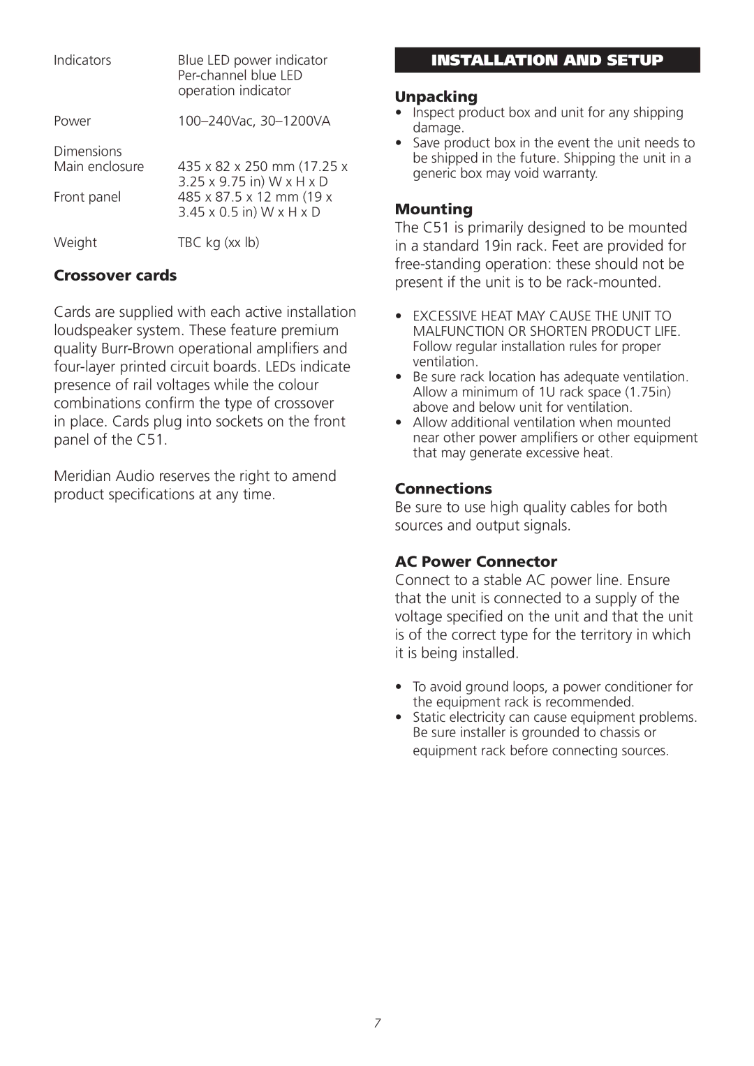 Meridian Audio C51 operation manual Installation and Setup 