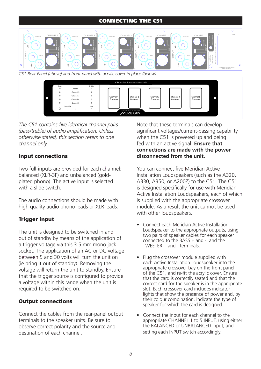 Meridian Audio operation manual Connecting the C51, Input connections, Trigger input, Output connections 