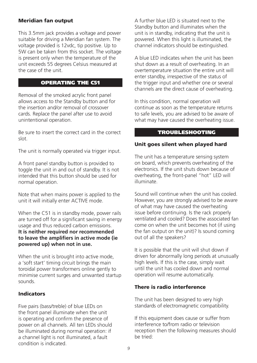 Meridian Audio operation manual Operating the C51, Troubleshooting 