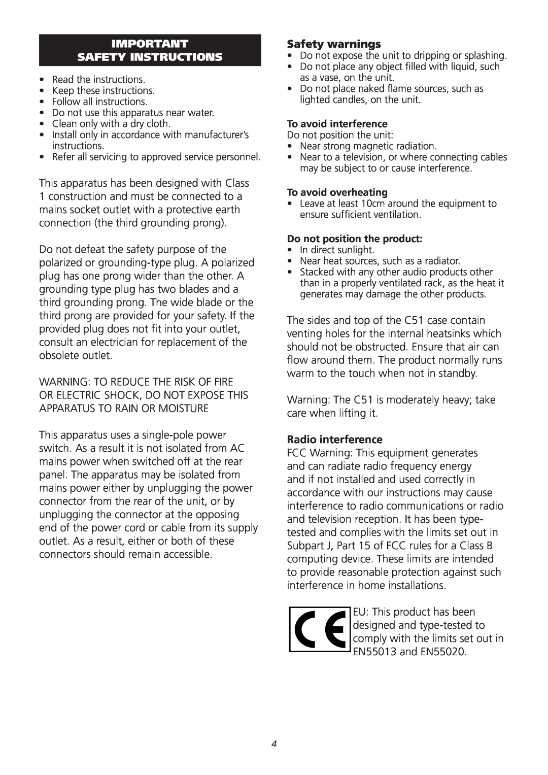 Meridian Audio C51 operation manual Safety Instructions, Safety warnings, Radio interference 