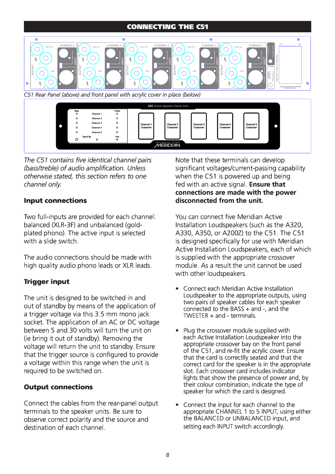 Meridian Audio operation manual Connecting the C51, Input connections, Trigger input, Output connections 