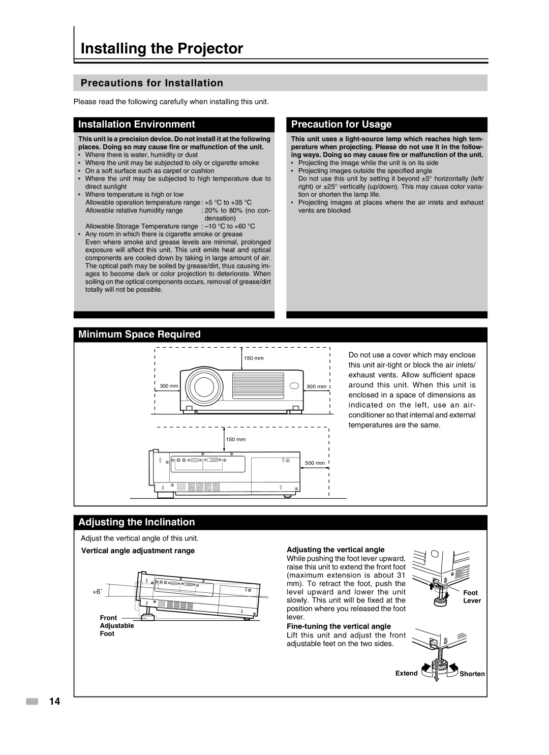 Meridian Audio D-ILA 1080MF2 operation manual Installing the Projector, Installation Environment, Precaution for Usage 