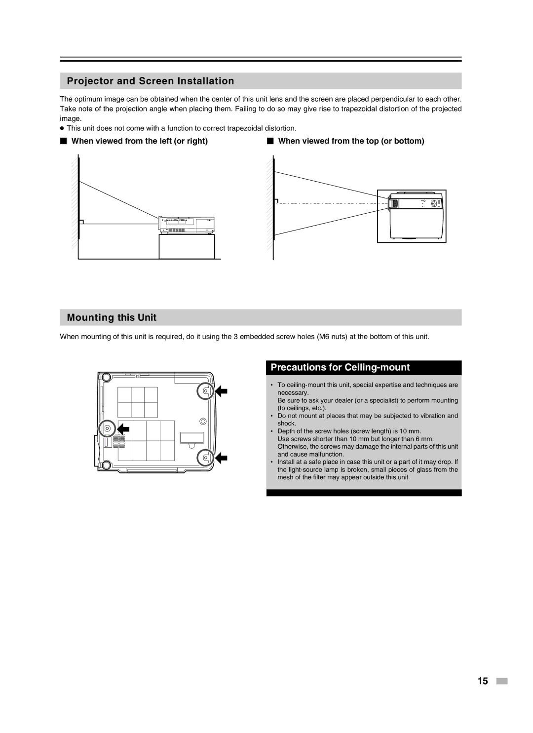 Meridian Audio D-ILA 1080MF2 Projector and Screen Installation, Mounting this Unit, Precautions for Ceiling-mount 