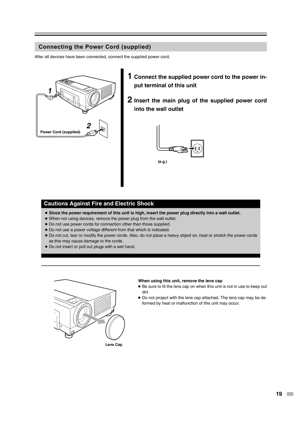 Meridian Audio D-ILA 1080MF2 operation manual Connecting the Power Cord supplied, When using this unit, remove the lens cap 