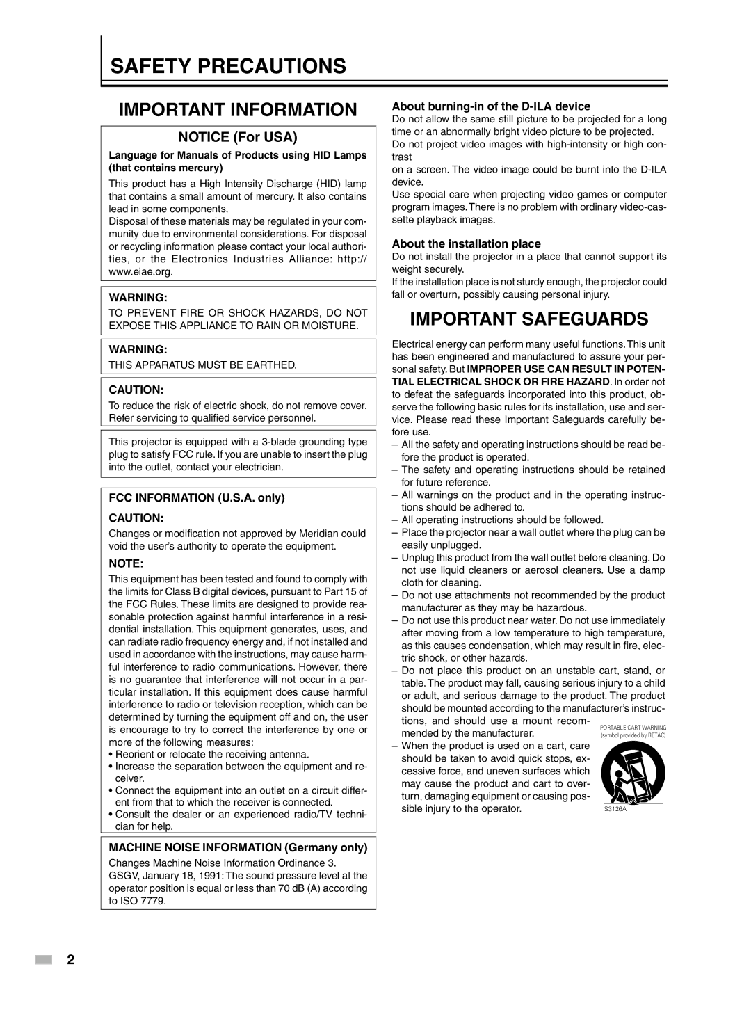 Meridian Audio D-ILA 1080MF2 operation manual FCC Information U.S.A. only, Machine Noise Information Germany only 