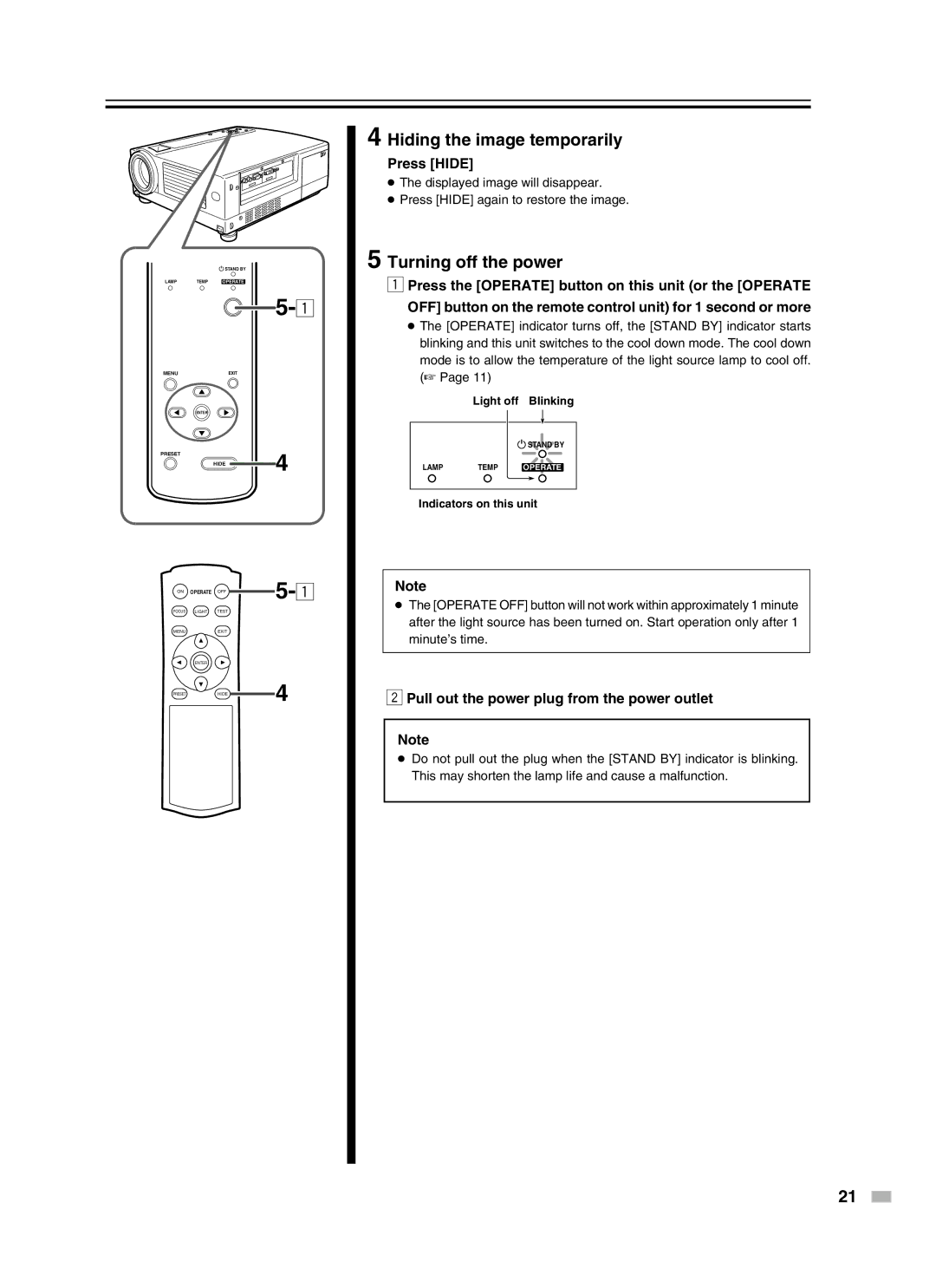 Meridian Audio D-ILA 1080MF2 operation manual Hiding the image temporarily, Turning off the power, Press Hide 