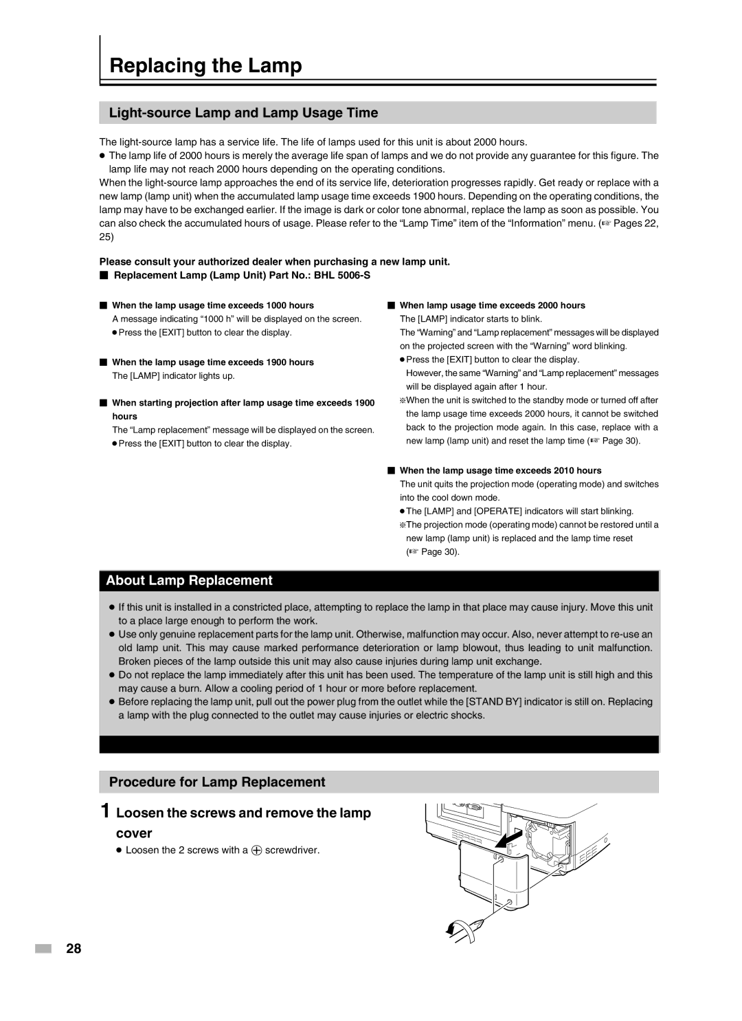 Meridian Audio D-ILA 1080MF2 Replacing the Lamp, Light-source Lamp and Lamp Usage Time, About Lamp Replacement 