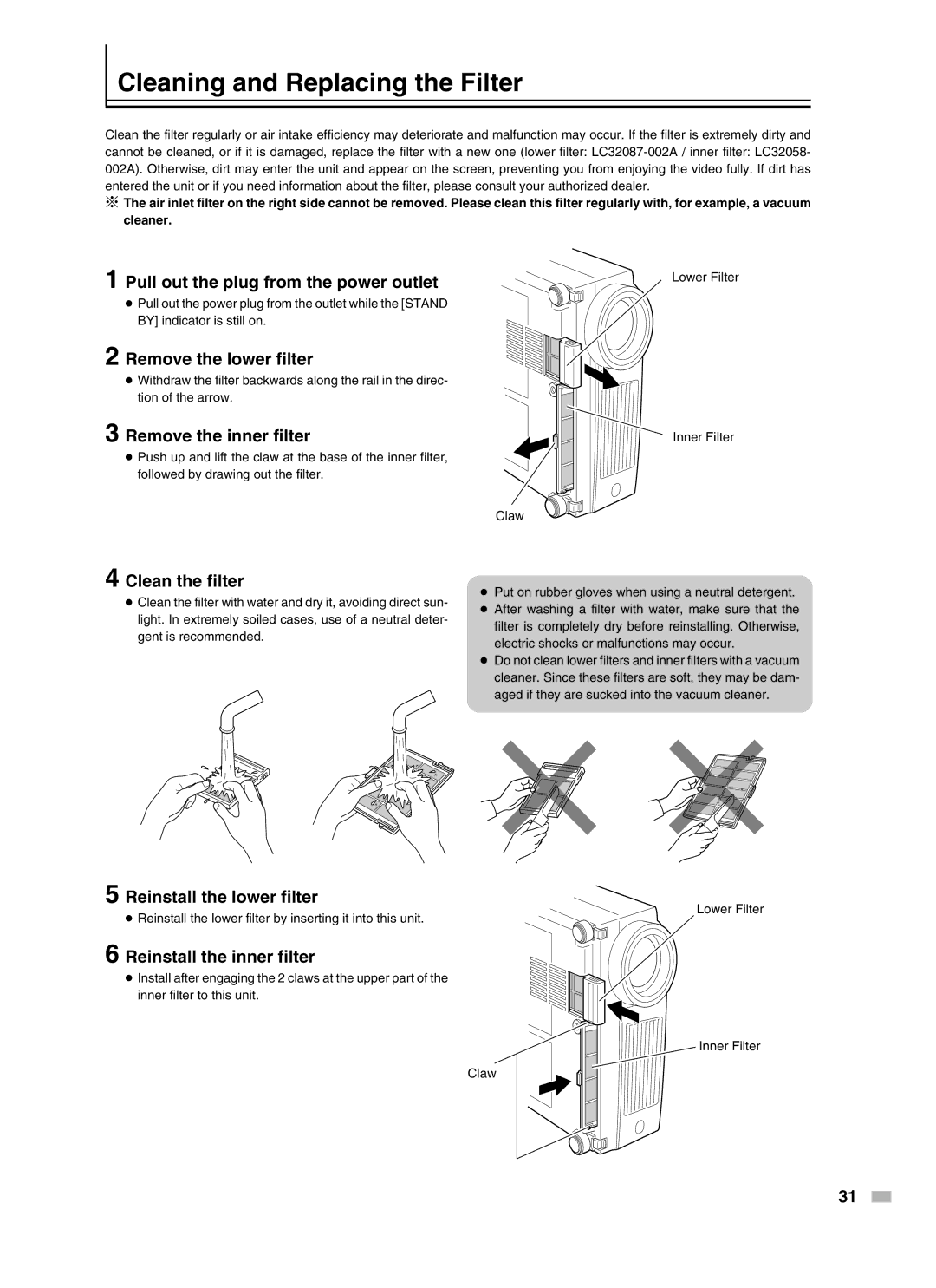 Meridian Audio D-ILA 1080MF2 operation manual Cleaning and Replacing the Filter 