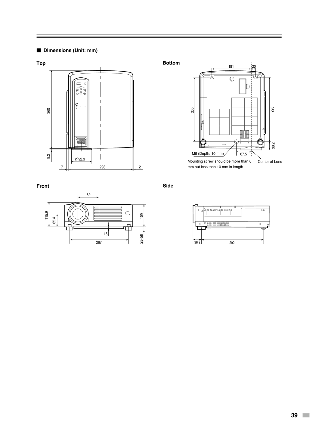 Meridian Audio D-ILA 1080MF2 operation manual  Dimensions Unit mm Top, Front, Bottom, Side 