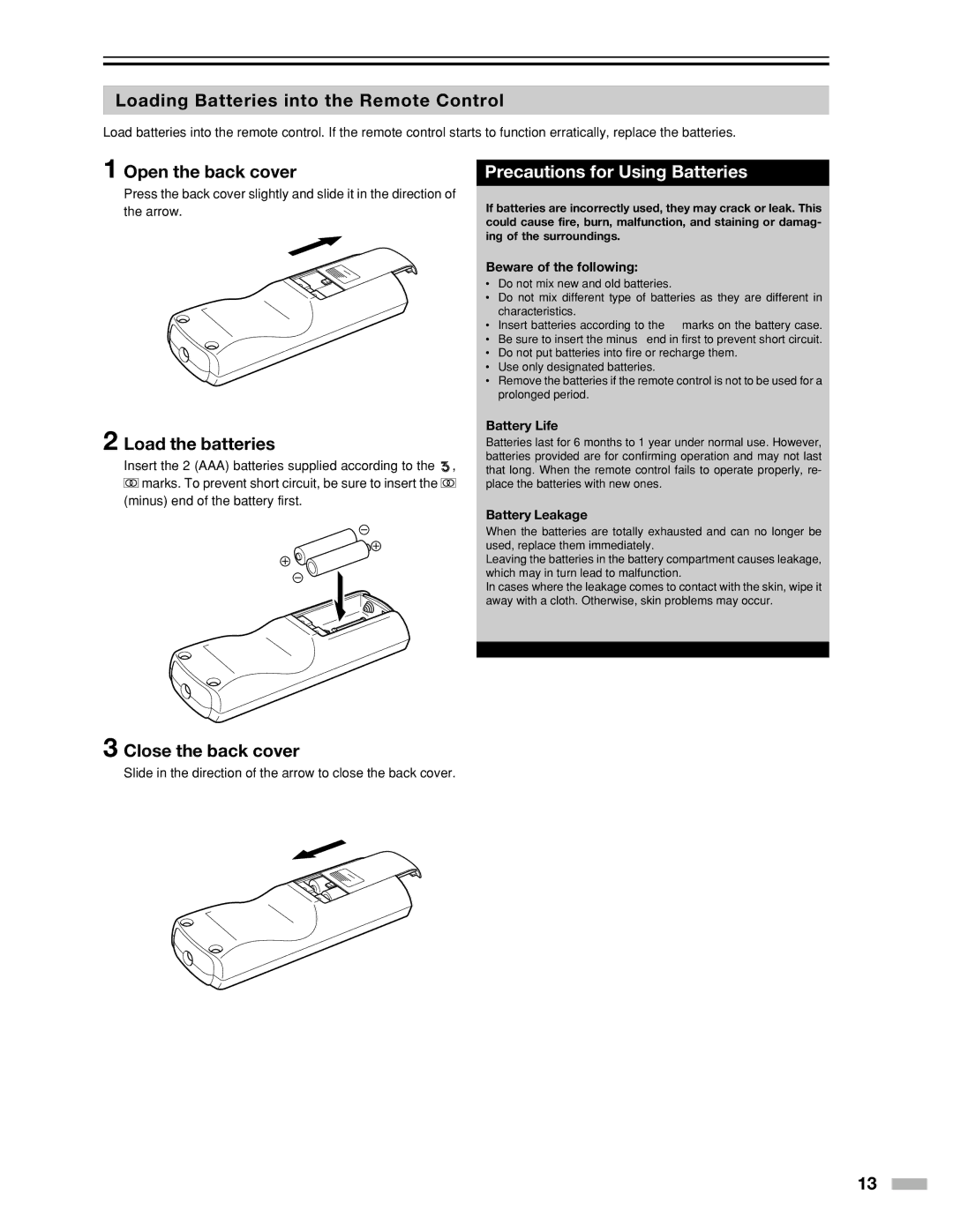 Meridian Audio DILA1080pHD warranty Loading Batteries into the Remote Control, Open the back cover, Load the batteries 