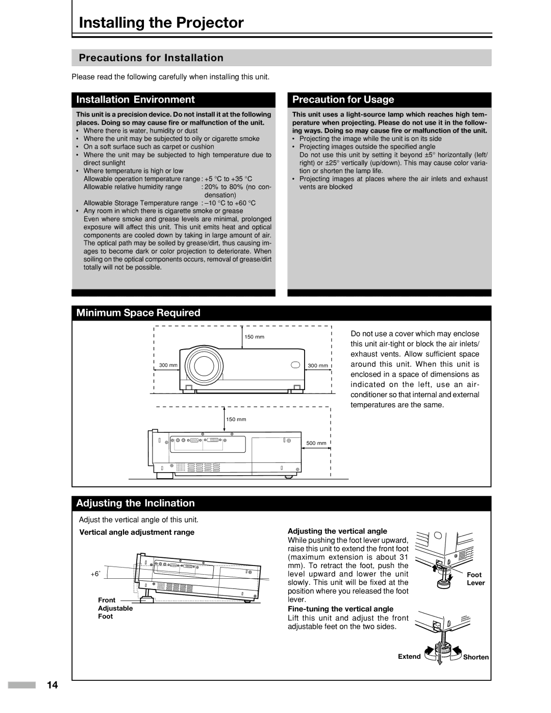 Meridian Audio DILA1080pHD warranty Installing the Projector, Installation Environment, Precaution for Usage 