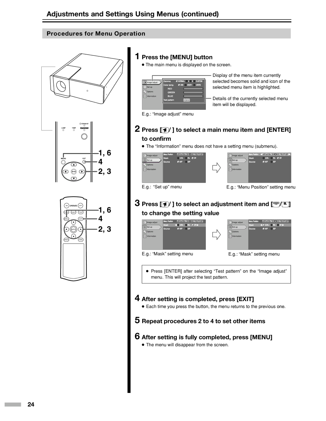 Meridian Audio DILA1080pHD warranty Press / to select an adjustment item, To change the setting value 